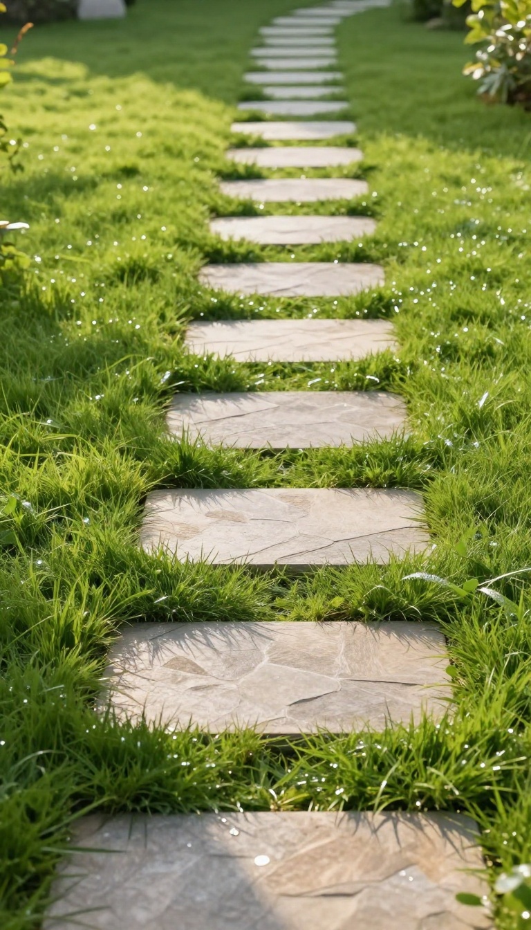 Curved stepping stone path set flush into a green lawn, guiding foot traffic through a sunlit backyard garden