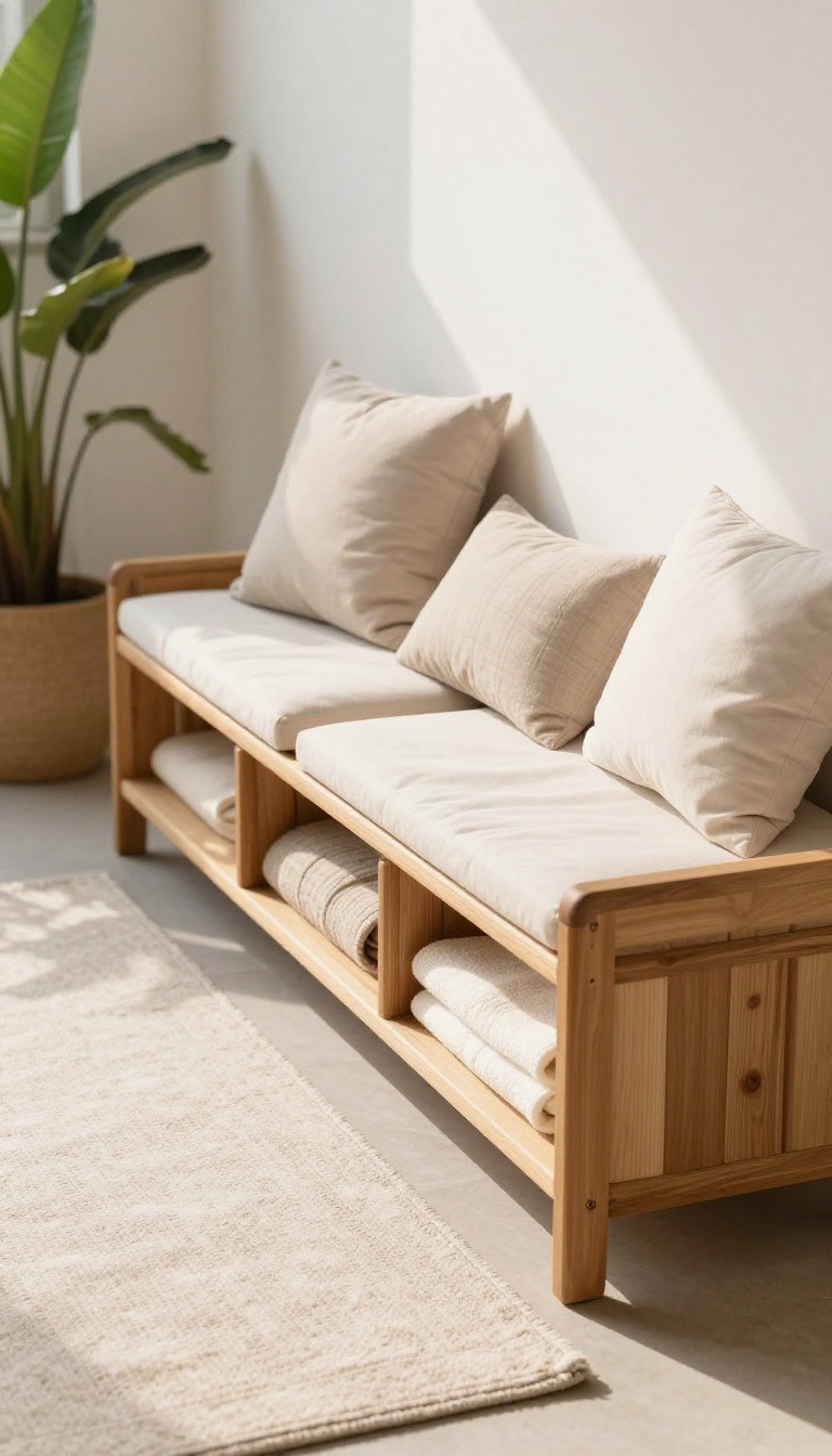 Multi-purpose storage bench on a small patio with open lid showing stored cushions
