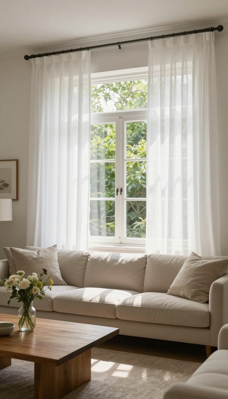 Living room with sheer white curtains layered over white wooden blinds, allowing soft natural light to filter in, creating an elegant and polished look.