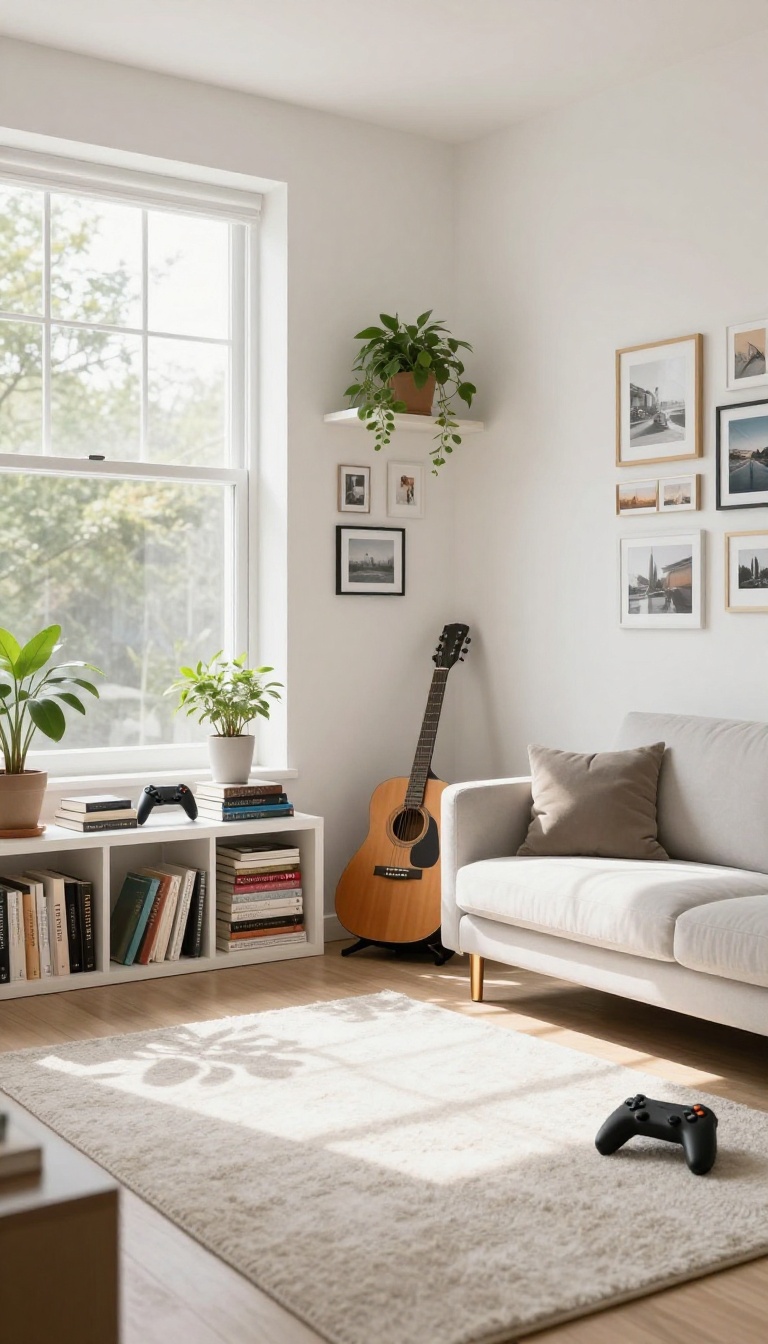 Modern living room with personal touches like books, photos, and a guitar, in a game-like photorealistic style