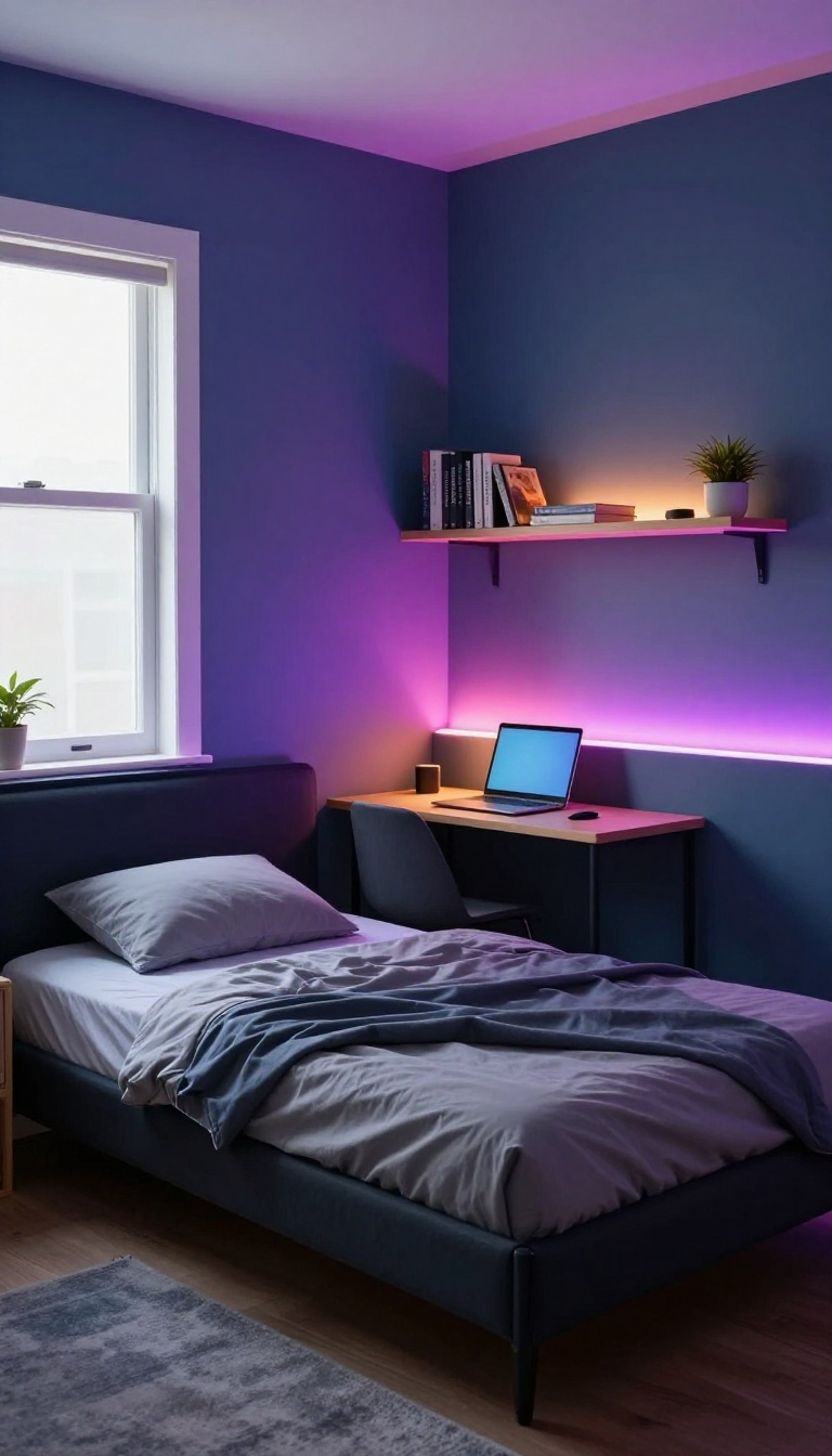 Small teen boy's bedroom with colorful LED strip lights glowing behind the headboard and under a desk, creating a cozy modern vibe