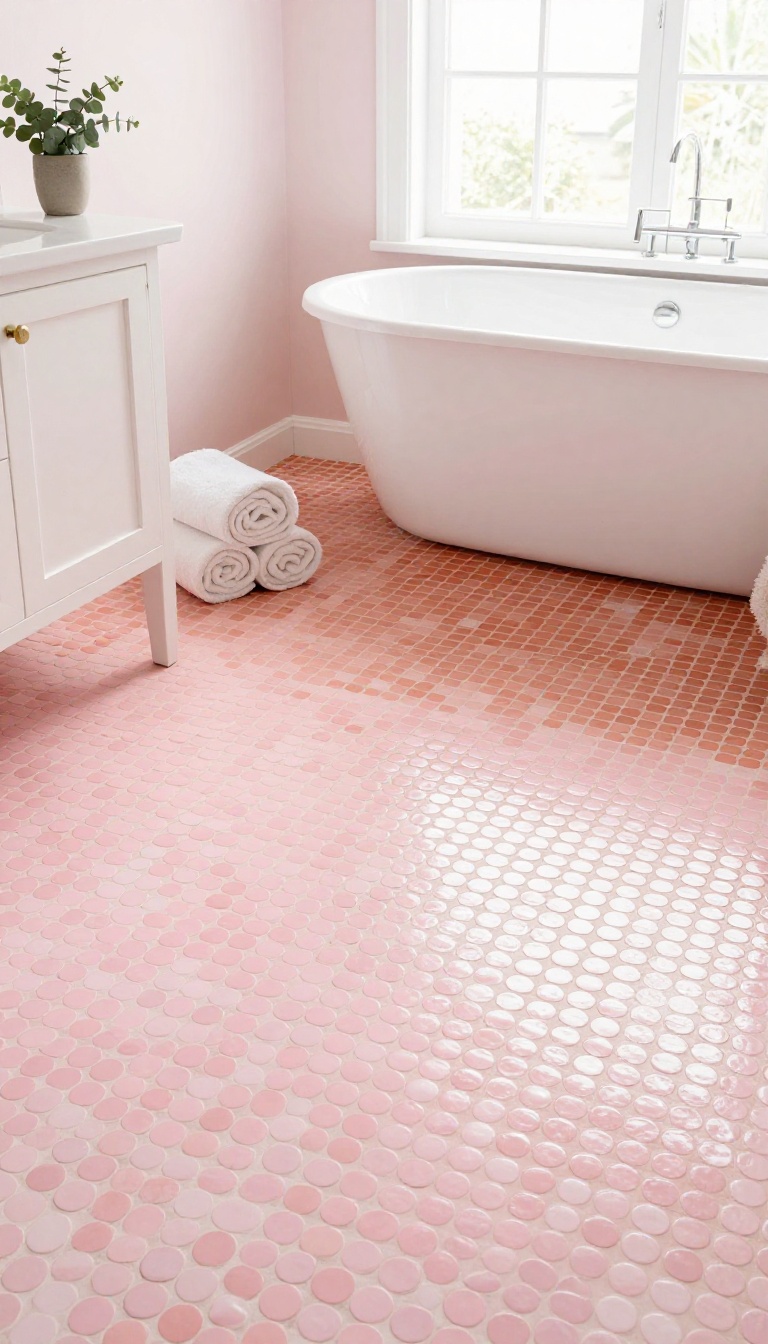 Bright bathroom with an ombre penny tile floor fading from pale blush near the vanity to deep terracotta by the bathtub, lit by natural window light