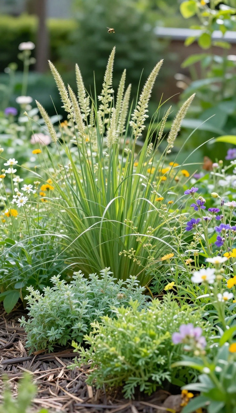 Layered native plant garden bed with tall, medium, and low plants in bright natural light