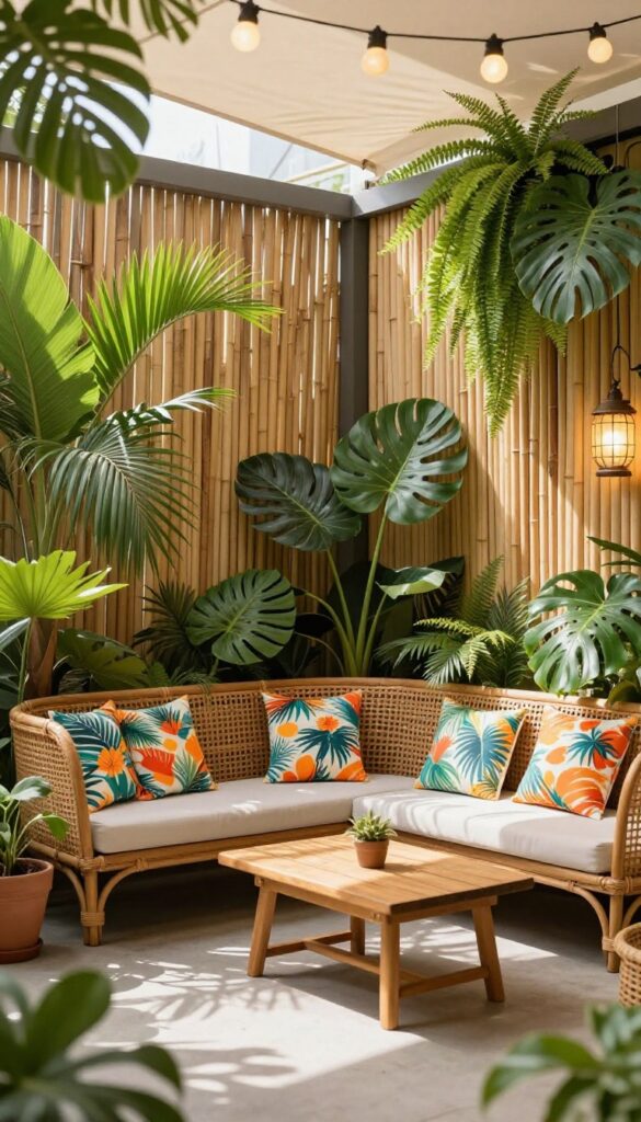Tropical themed corner patio with lush greenery, bamboo screens, rattan furniture, and warm string lights.
