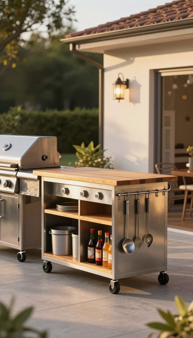 Outdoor patio corner with a rolling bar cart and grill set up as a functional outdoor kitchen station