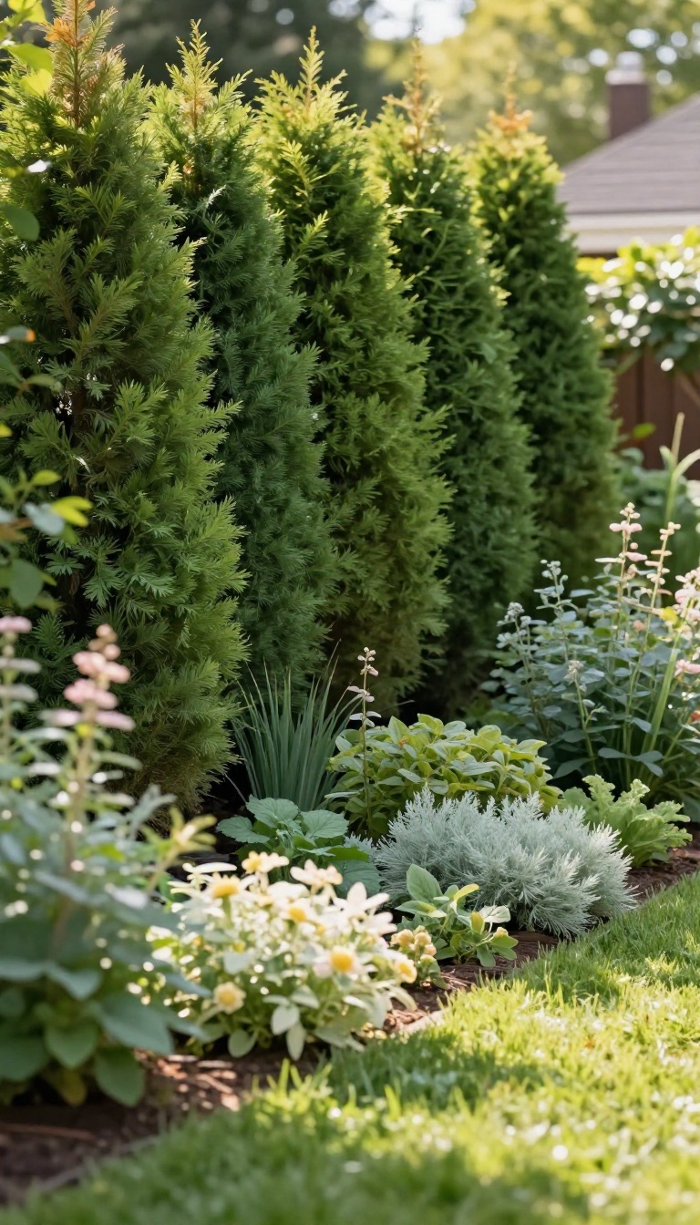 Tall evergreen hedge with a layered mixed border of shrubs and perennials creating backyard privacy and a garden-like transition to the lawn