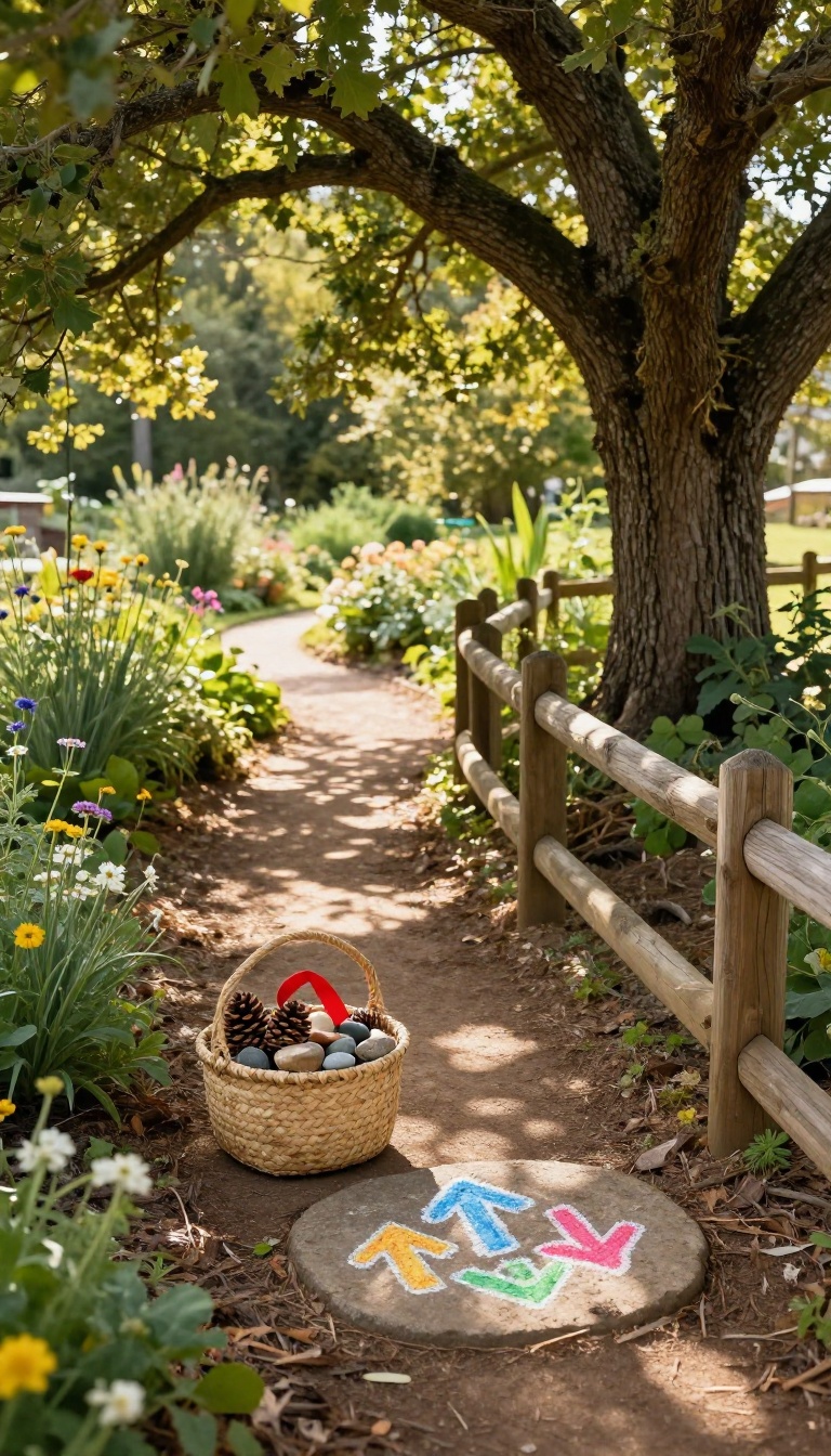 Backyard nature scavenger hunt trail with a basket of pinecones, stones, and a ribbon along a garden path