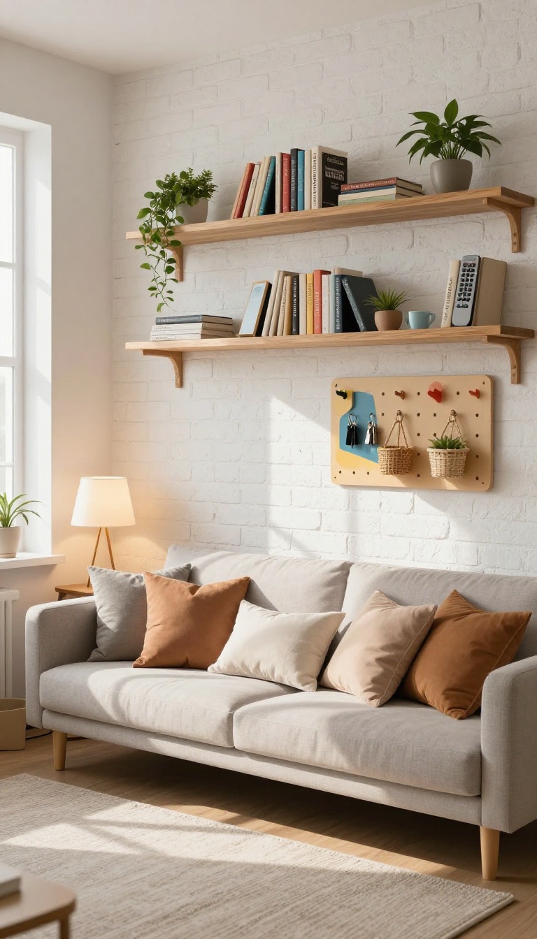 College living room with vertical storage: floating shelves, pegboard, and organized wall decor.