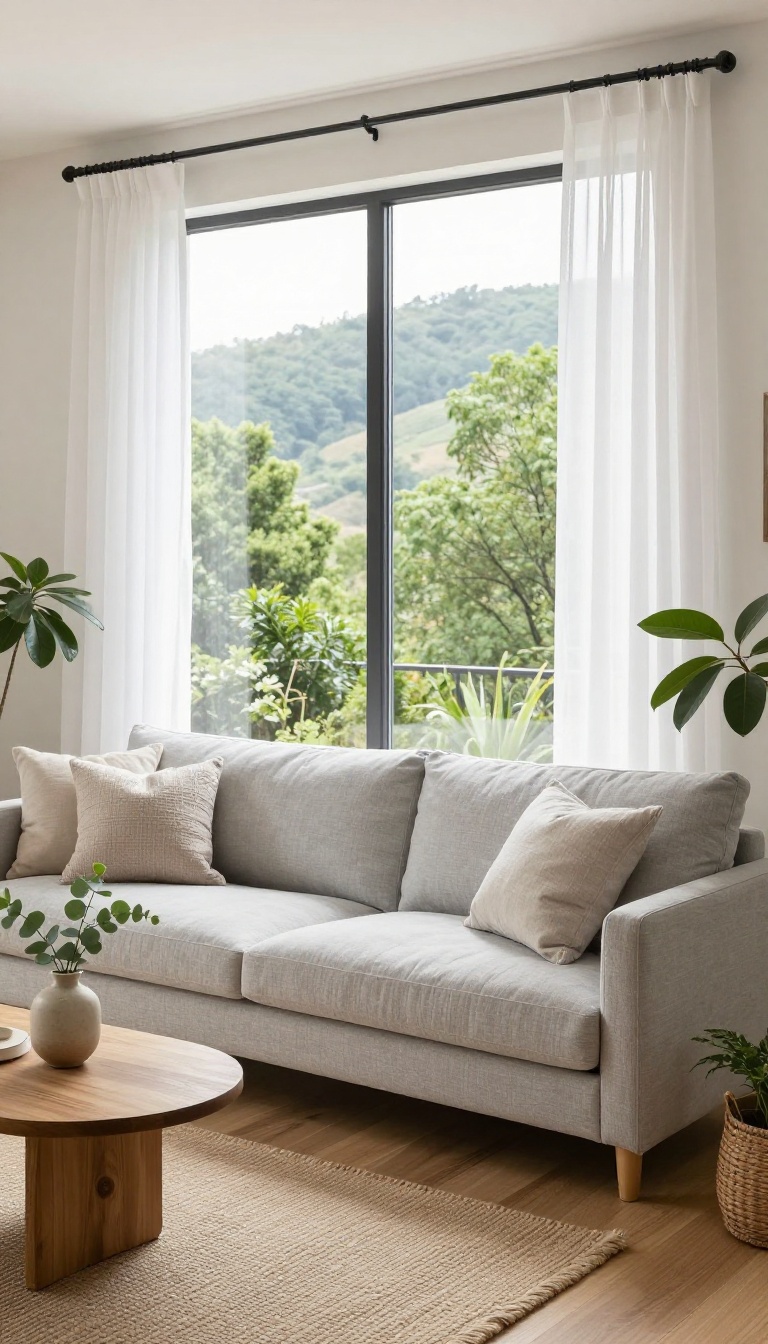 Low-profile light gray couch placed against a large window with a scenic green outdoor view, bright living room with sheer curtains and natural light