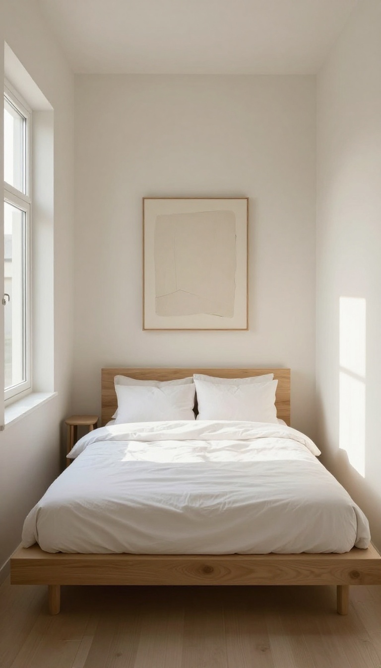 Small narrow bedroom with a low-profile wooden platform bed, white bedding, and bright natural light creating an airy, balanced space
