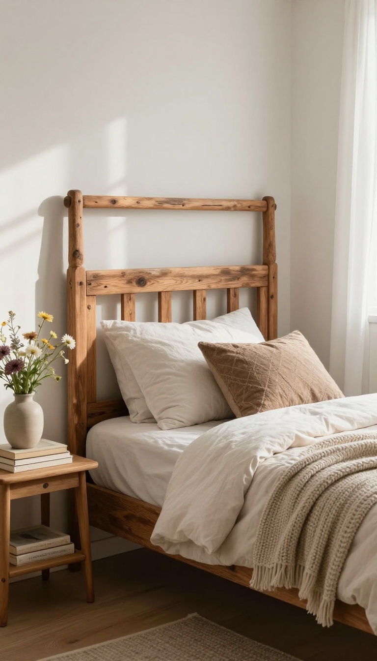 Cozy small bedroom with a DIY headboard made from a vintage wooden garden gate, layered thrifted bedding, and bright natural light