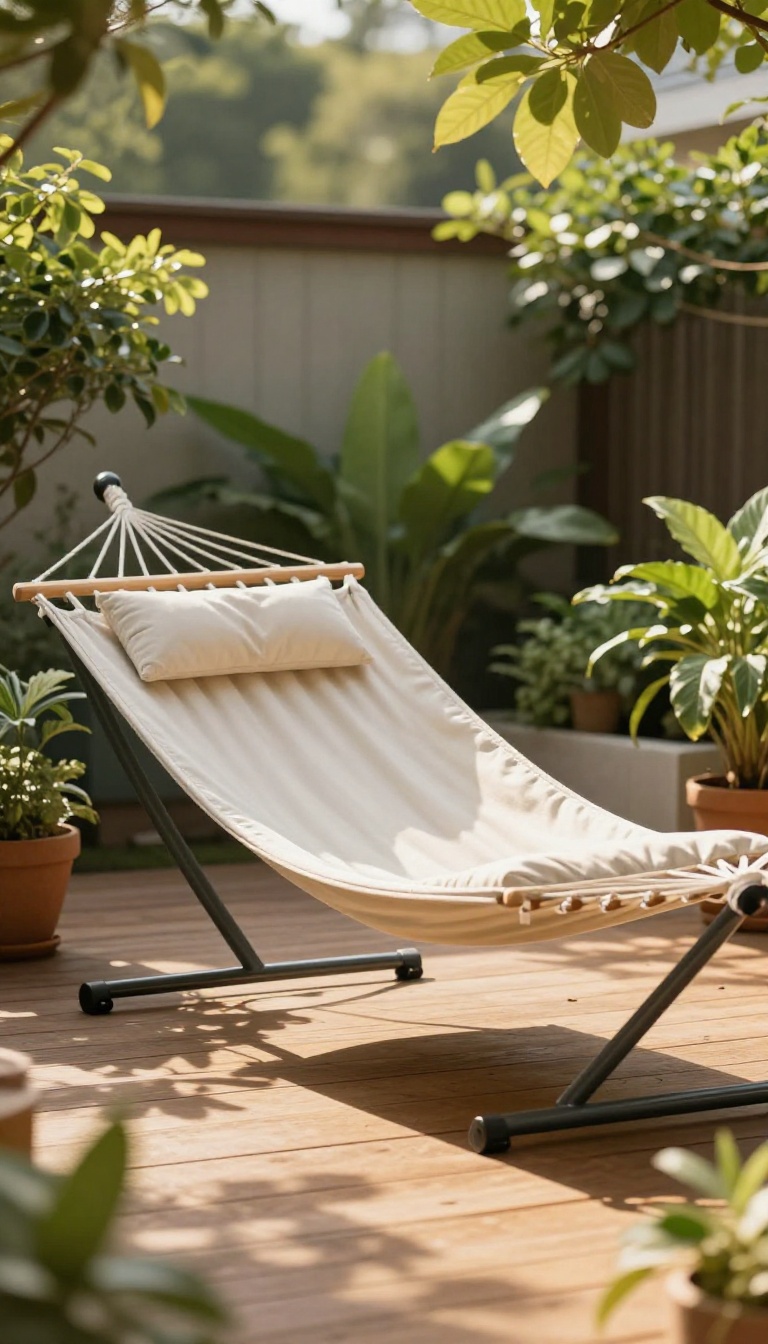 Freestanding hammock with a curved steel stand on a bright backyard patio surrounded by potted plants