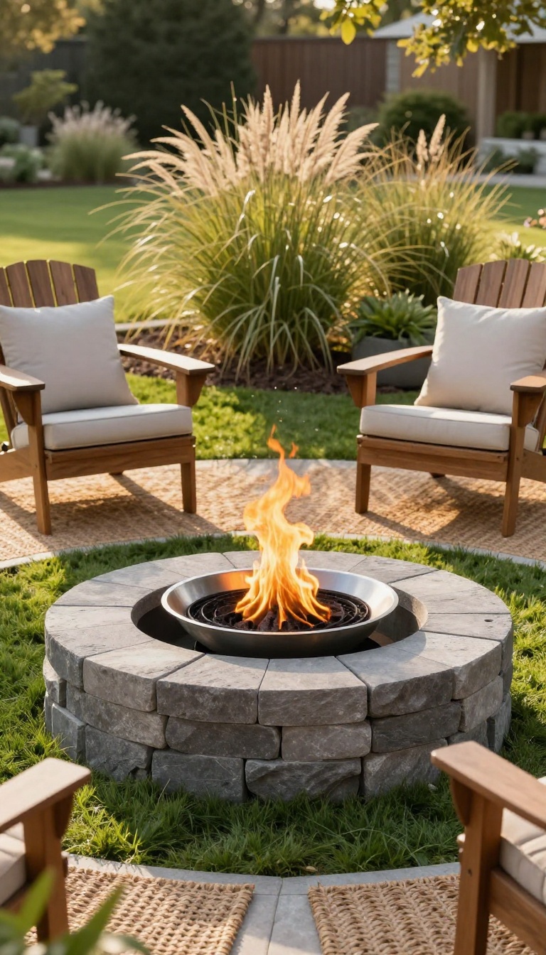 Sunken fire pit base built from stacked stone blocks with a portable metal fire bowl inserted inside, surrounded by outdoor chairs on a lawn at sunset