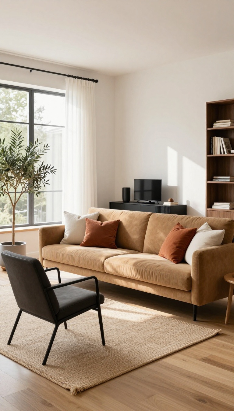 A tan couch paired with a dark charcoal accent chair and black media console in a bright living room, demonstrating how dark furniture anchors the space.