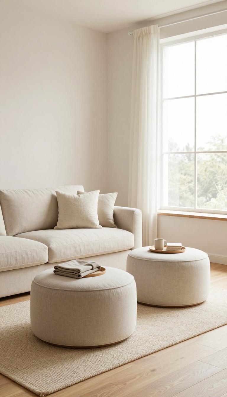 Bright small living room with two round storage ottomans used in place of a coffee table, one holding a tray and blanket, with visible floor space and natural light