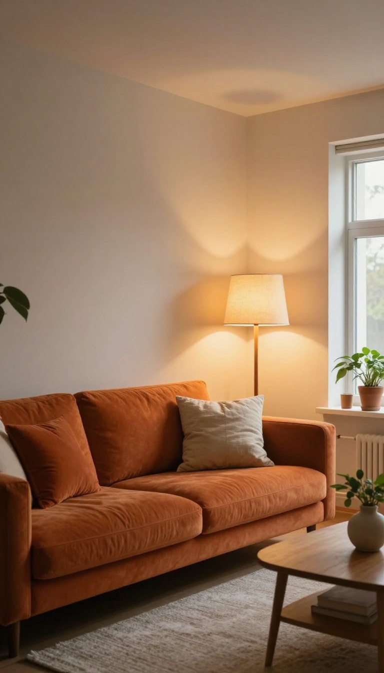 Warmly lit living room at dusk with an orange couch glowing under layered floor lamp and table lamp light