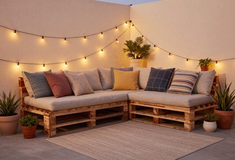 Cozy patio with string lights, pallet furniture, and plants at dusk