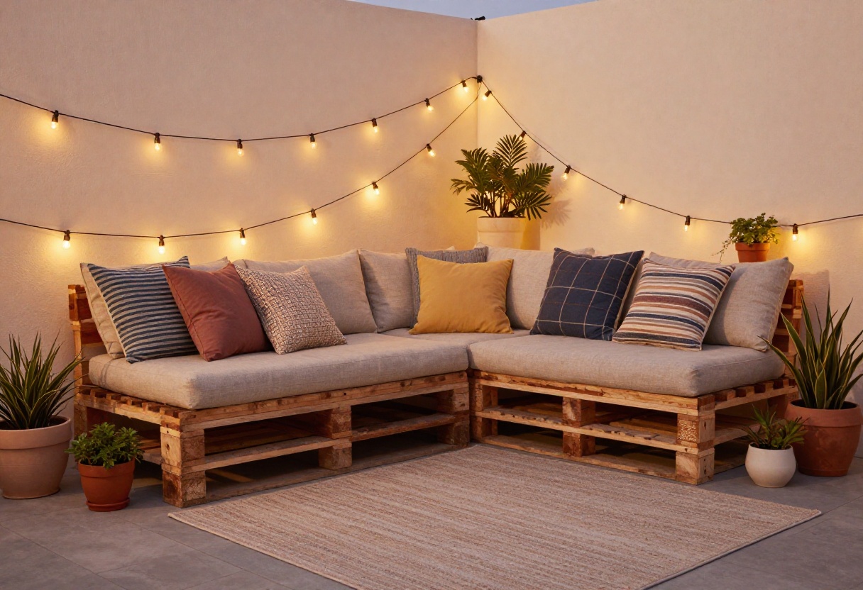 Cozy patio with string lights, pallet furniture, and plants at dusk