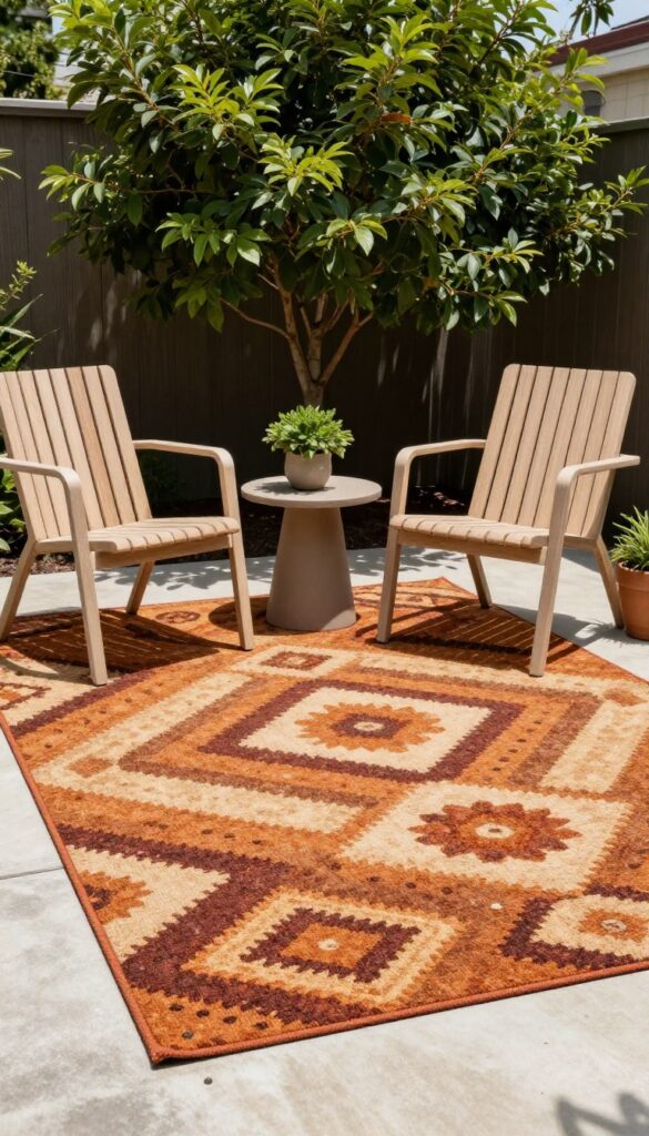A small townhome patio with a colorful outdoor rug defining the seating area, surrounded by potted plants and modern furniture.