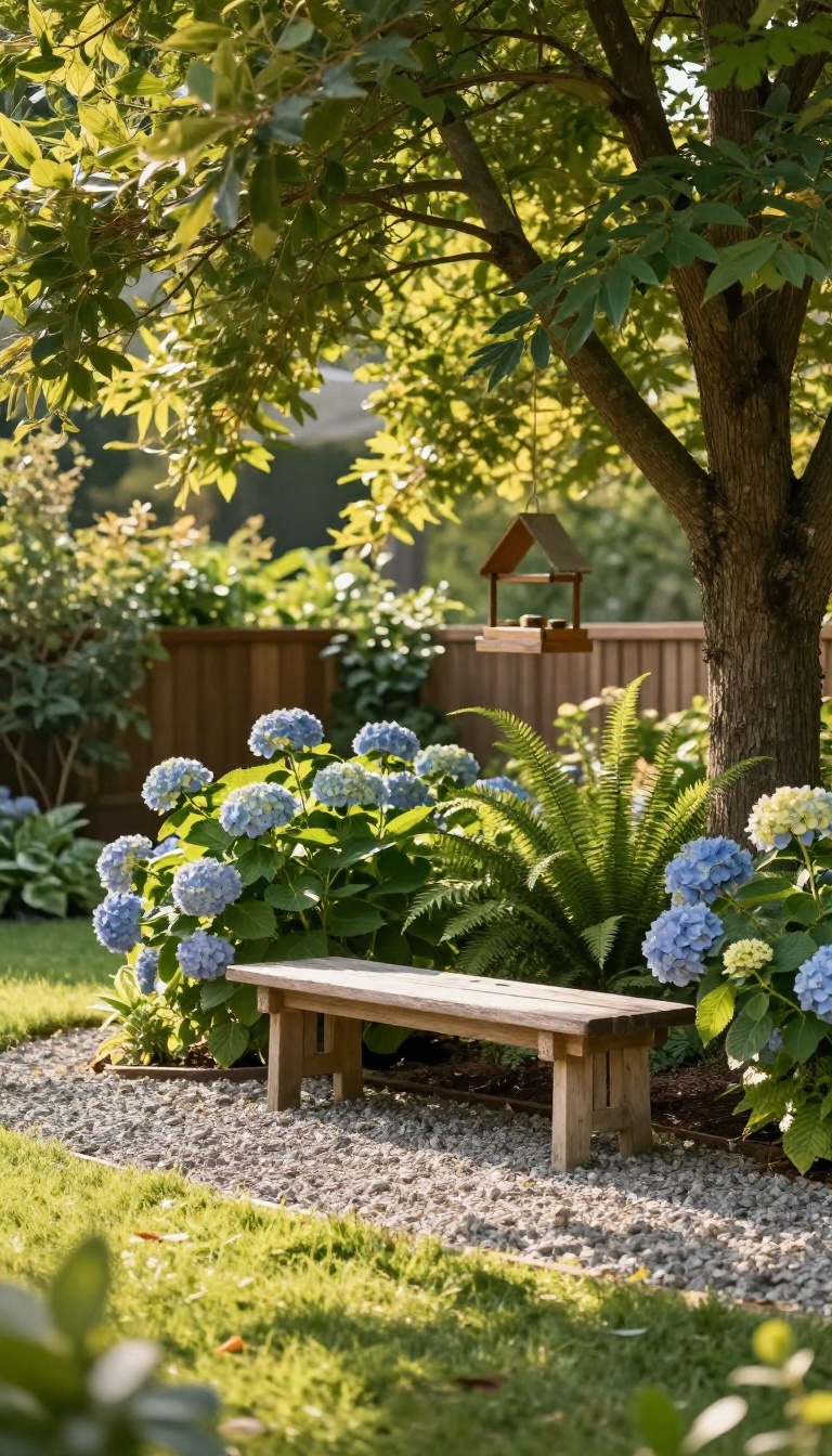 A wooden bench under a shade tree in a backyard garden with dappled sunlight, gravel pad, hydrangeas, and a bird feeder in the background.