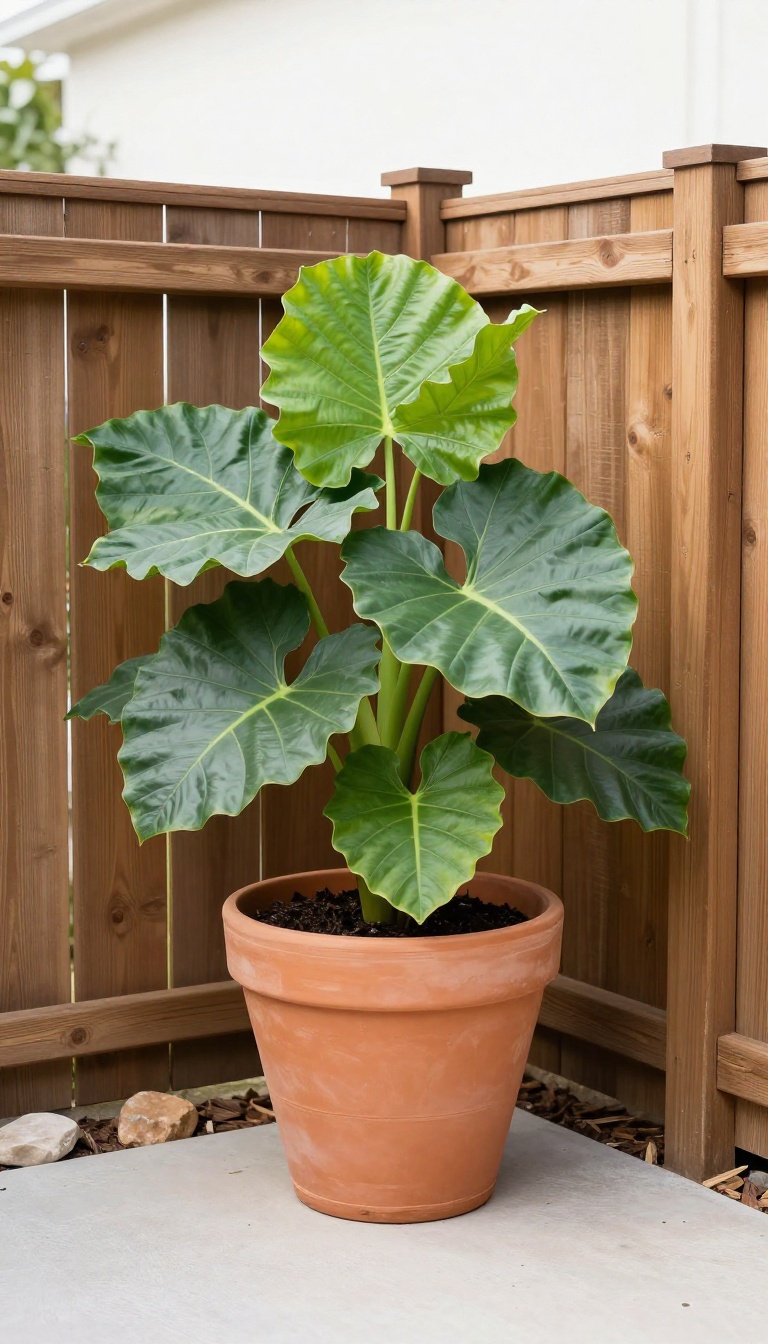Large terracotta planter with bold elephant ear plant filling an awkward corner between two fences in a sunny backyard