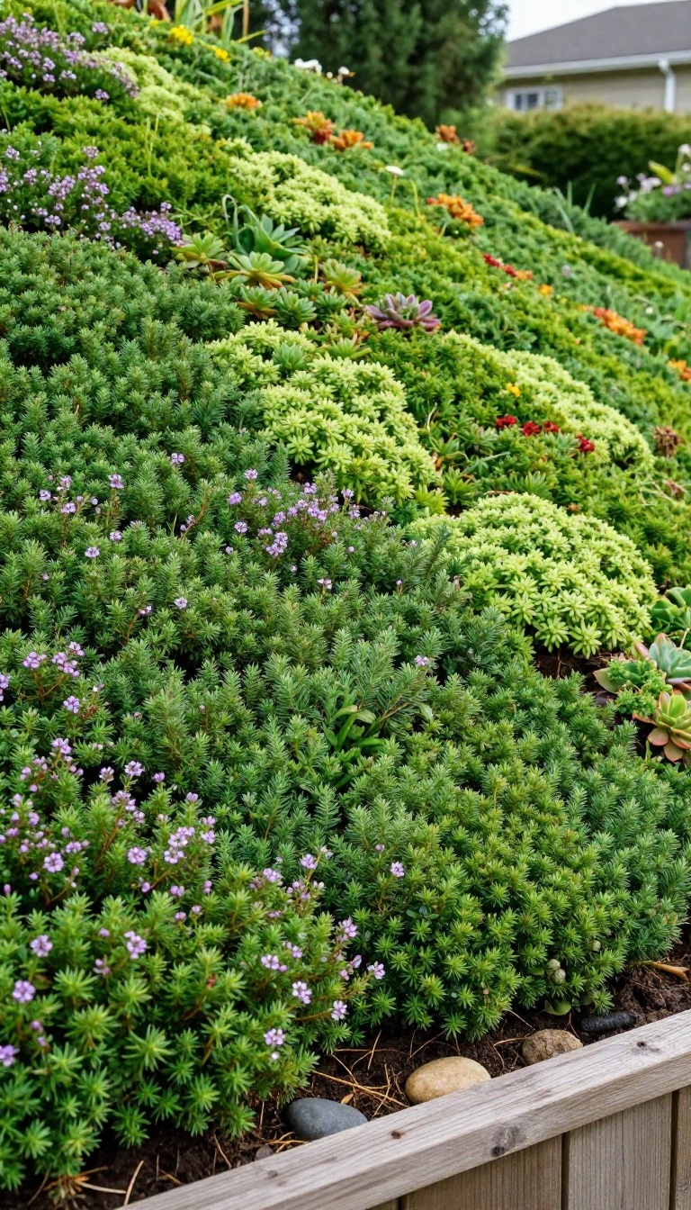 Steep backyard slope planted with creeping thyme, juniper, and sedum ground cover in bright natural light