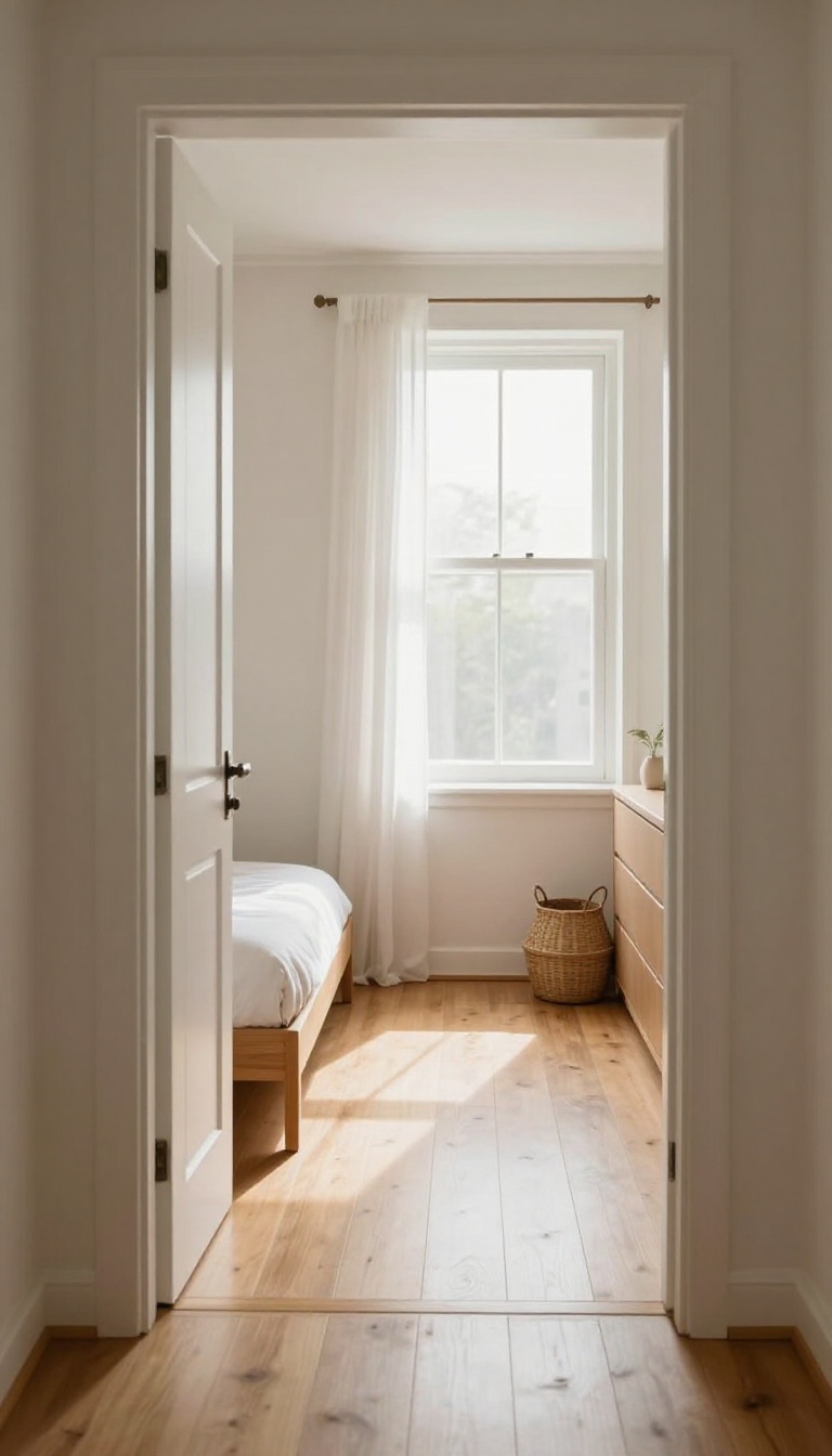 Small bright bedroom with an open clear path from the door to a sunlit window and furniture pushed against the walls