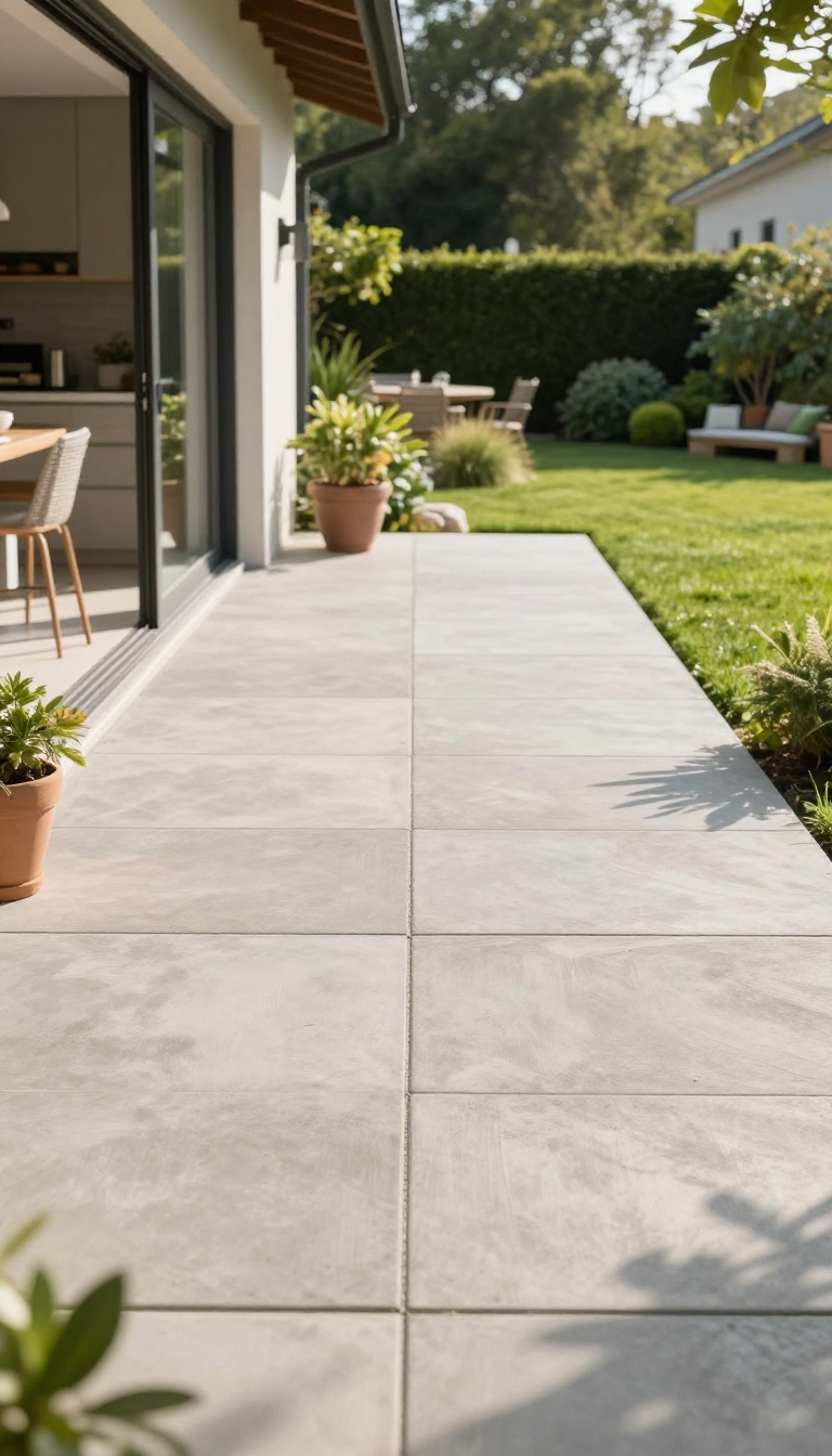 Modern backyard patio with large smooth concrete pavers laid in tight joints, flowing seamlessly from an open kitchen door to a green lawn in bright natural light