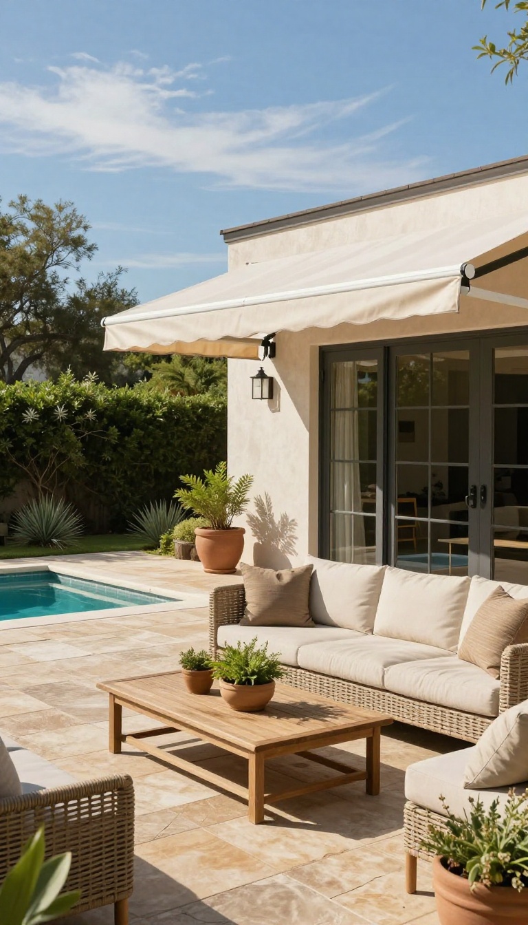 Retractable awning extending from a house wall to shade a bright Texas backyard patio seating area