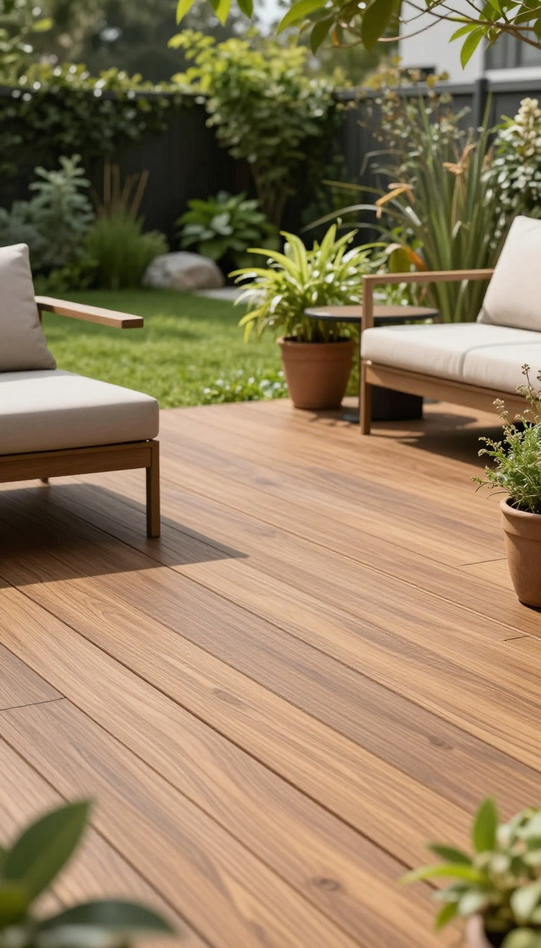 Composite decking patio with modern furniture and greenery in natural light