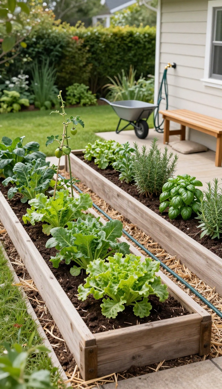 Raised wooden vegetable and herb garden beds with a soaker hose and gravel path in a sunny backyard