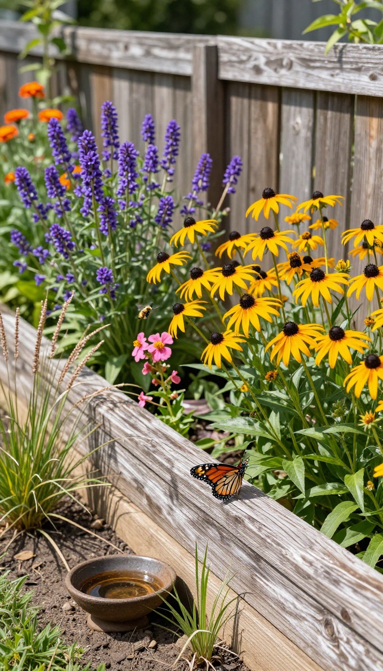 Native pollinator garden with coneflowers, black-eyed Susan, bee balm, and milkweed blooming along a backyard fence with a butterfly and bee