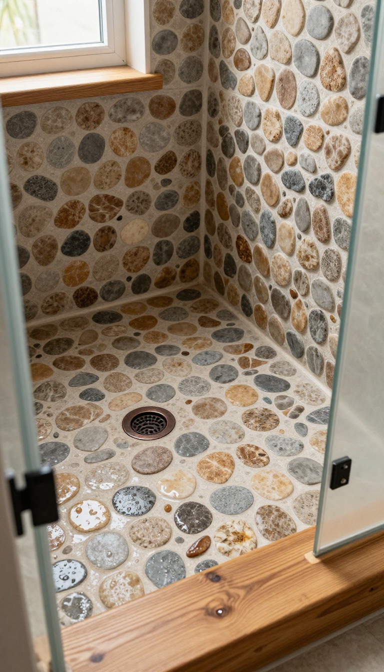 Rustic bathroom shower floor made of natural pebble mosaic tile with earthy gray and brown stones and a matte drain