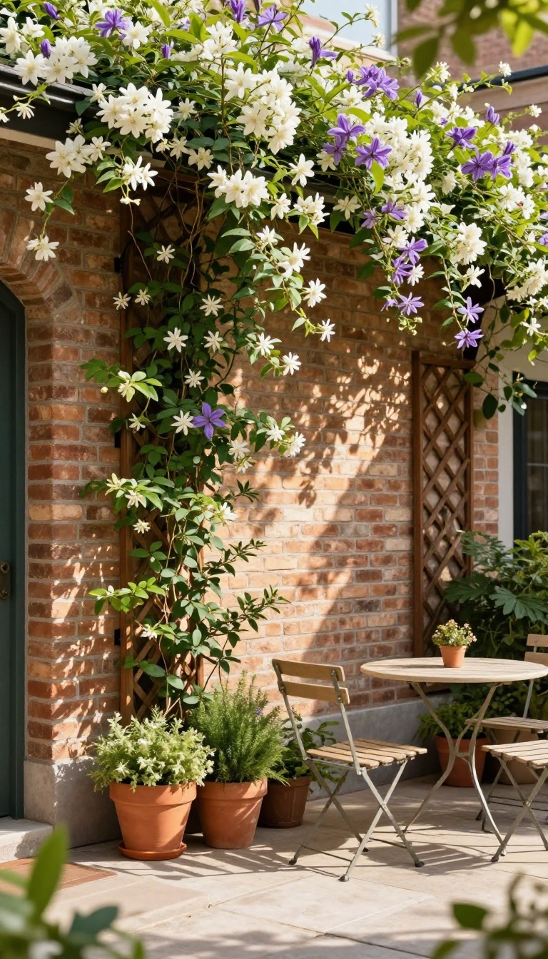 Cozy backyard courtyard with a wooden trellis covered in climbing jasmine and clematis, creating a private green escape