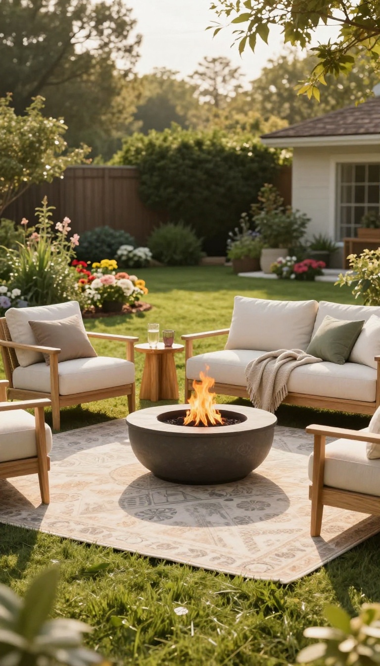 Cozy backyard seating zone with cushioned chairs and a small sofa arranged around a glowing fire pit on a soft outdoor rug