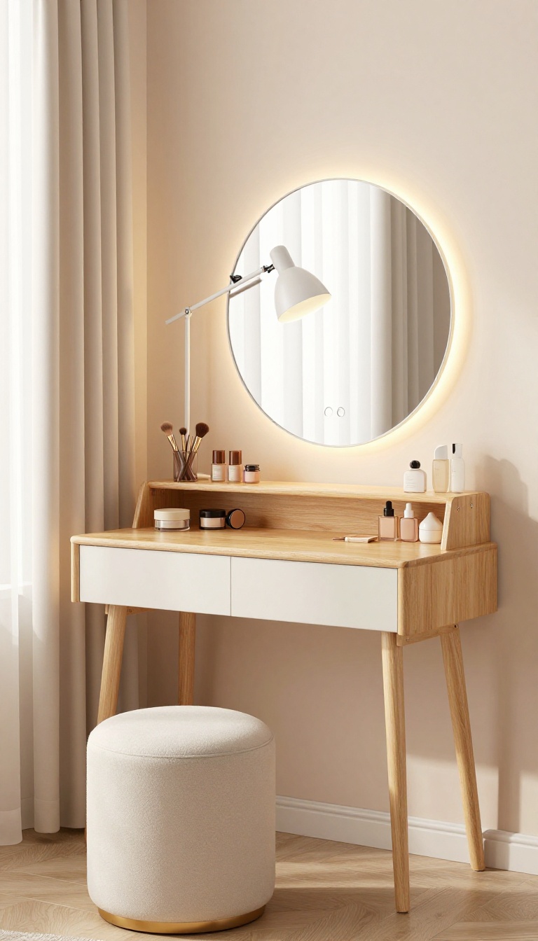 Small bedroom vanity with a round mirror lit by a warm LED strip and a clip-on lamp on a budget DIY shelf