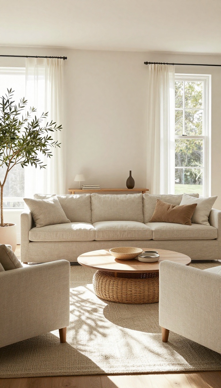 Bright living room with a sofa pulled away from the wall and armchairs angled toward each other around a coffee table for conversation
