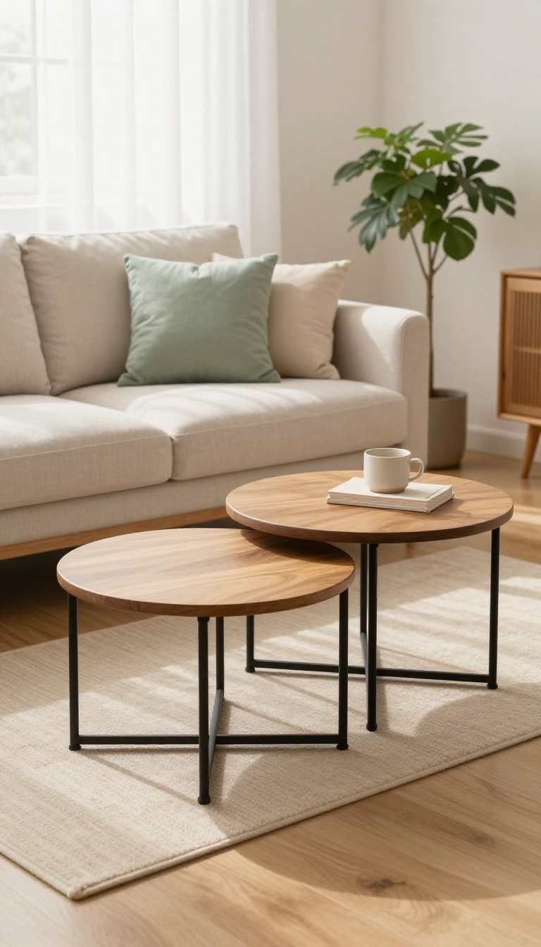 Small living room with a set of three wood and metal nesting coffee tables tucked together on a light rug beside a linen sofa