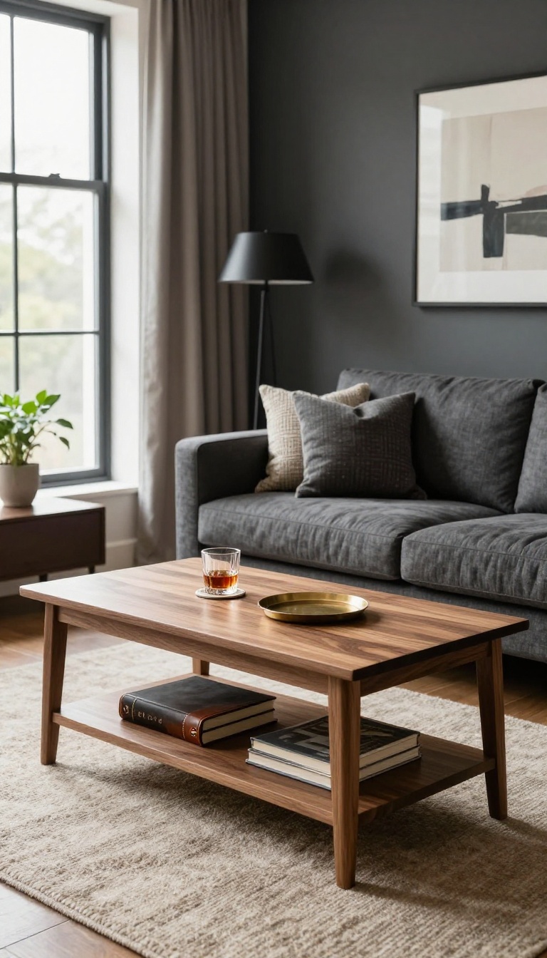Polished men's living room with a walnut wood coffee table centered in front of a dark gray sofa, styled with a book and whiskey glass in bright natural light