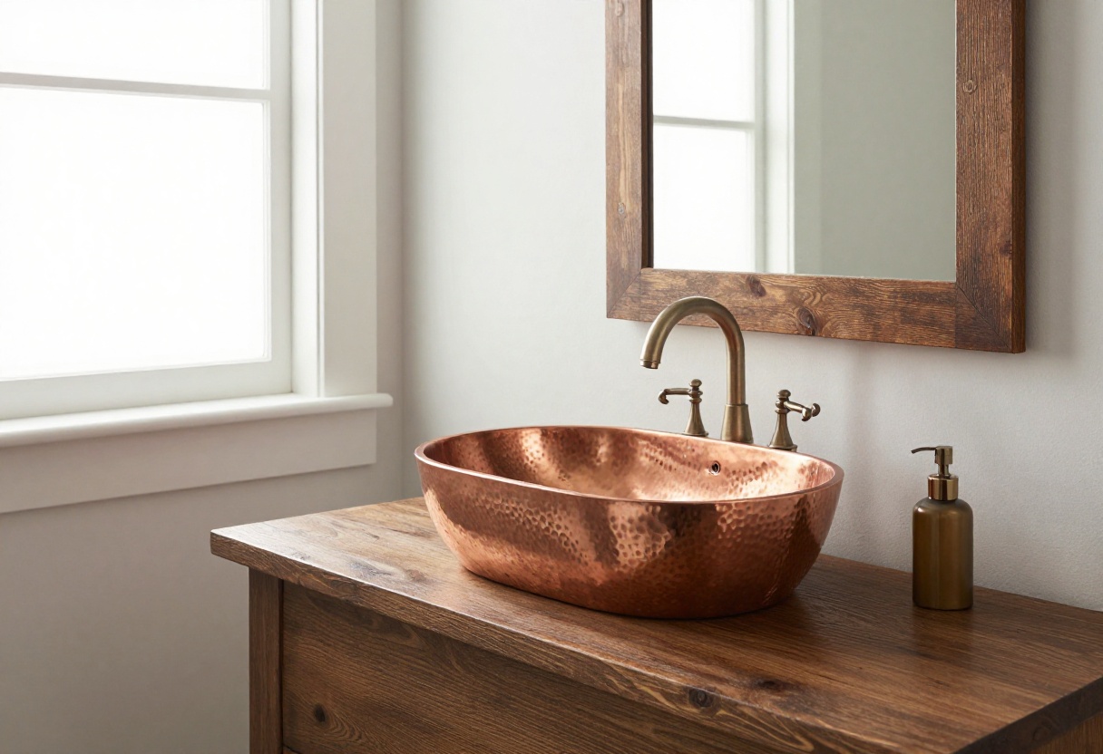 Rustic bathroom vanity with a hammered copper vessel sink and vintage faucet.