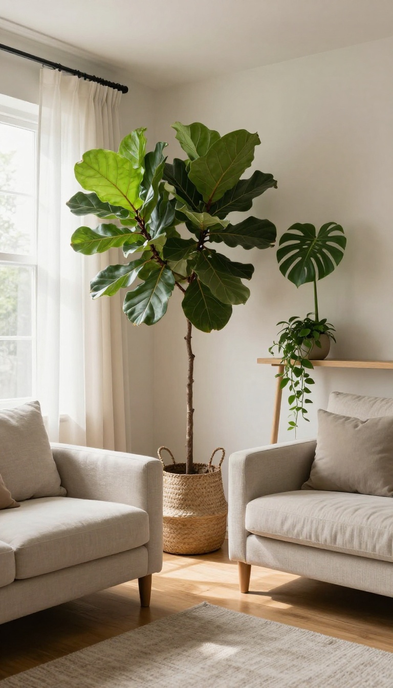 Bright living room corner styled with a tall fiddle leaf fig, monstera on a stand, and trailing pothos in natural window light