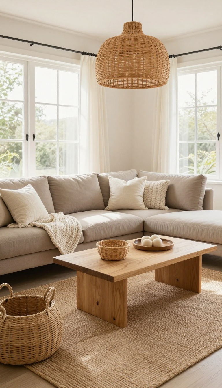 Cozy living room with taupe sofa, wood and rattan accents, and natural light