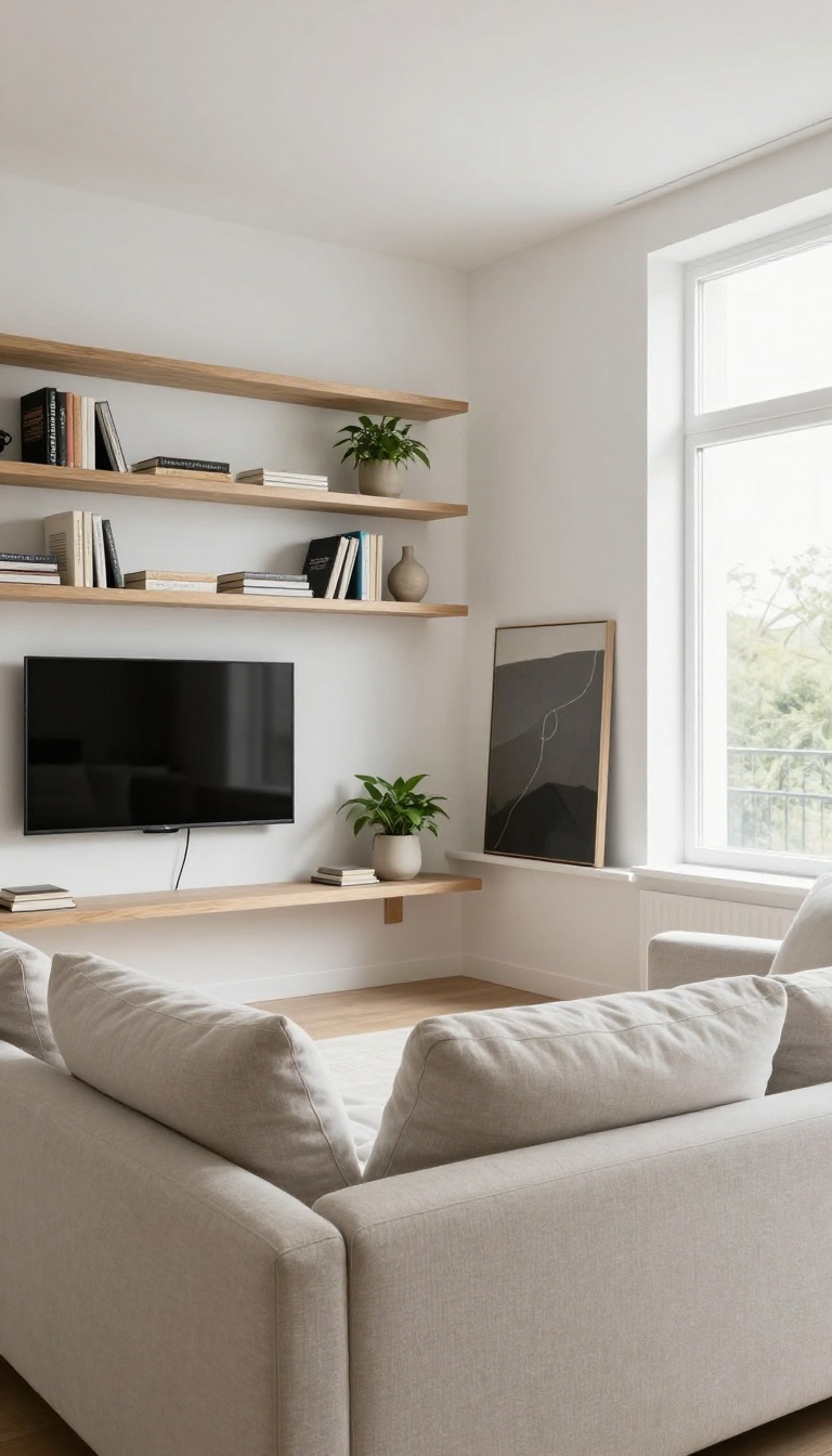 Living room with TV on floating shelves, styled with books and plants for a light, airy look.