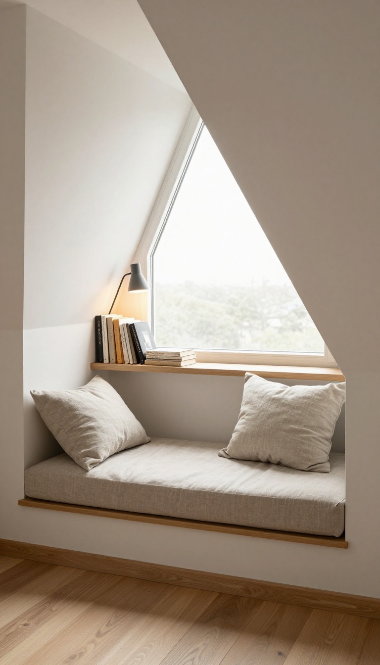 Cozy attic reading nook in a dormer window alcove with a cushioned window seat, floating bookshelf, and clip-on lamp in bright natural light