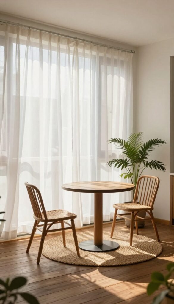 Small apartment patio with white outdoor curtains providing shade and style, featuring a bistro table and plants.