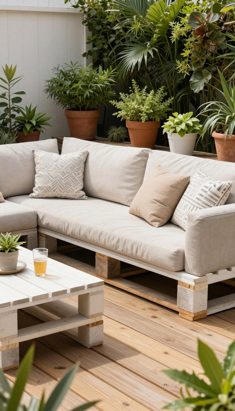 A stylish DIY pallet sofa with plush cushions on a sunny patio, surrounded by plants.