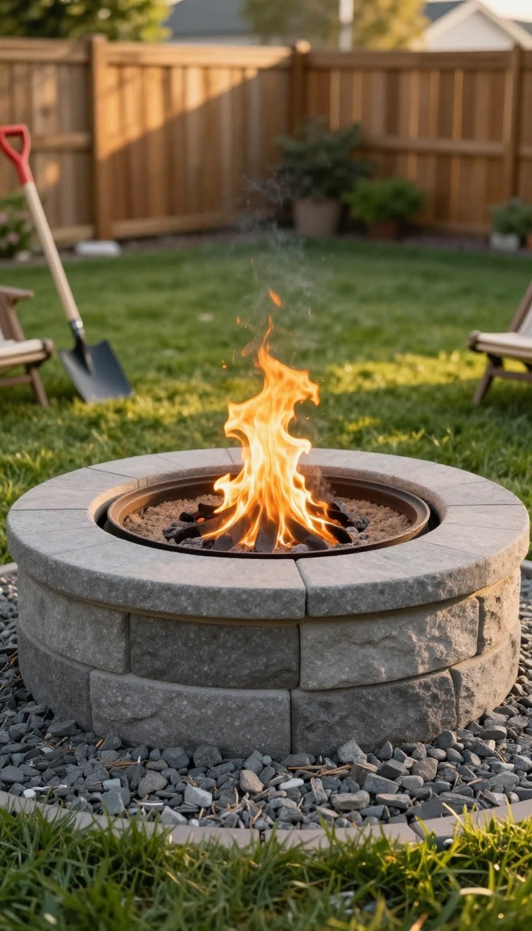 DIY backyard fire pit built from stacked retaining wall blocks with a steel ring insert burning at golden hour