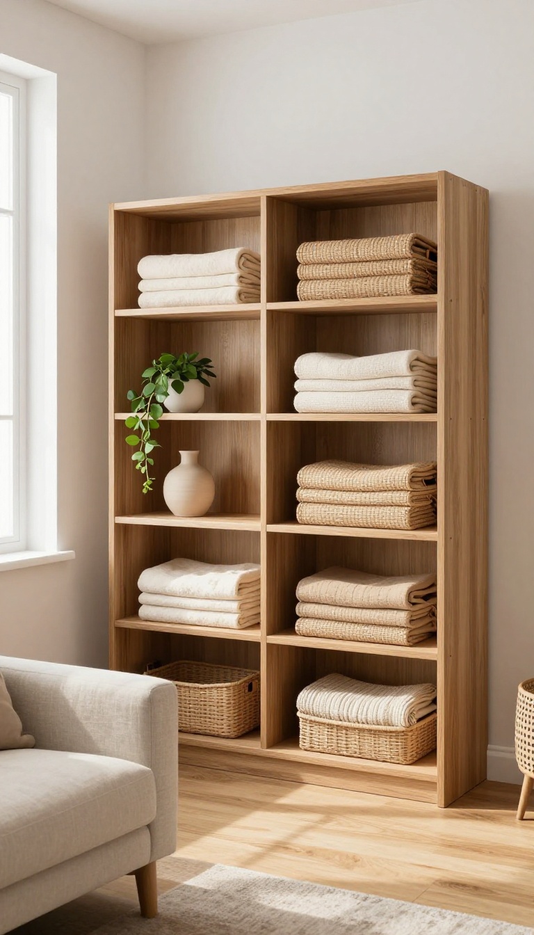 Open wooden bookcase styled with matching woven baskets holding folded throw blankets in a bright living room