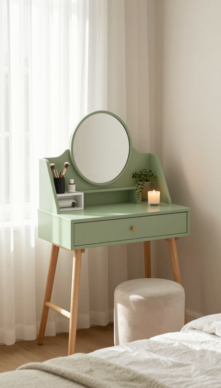 DIY vanity made from a repurposed bookshelf with cubby storage, legs, and a mirror in a bright bedroom