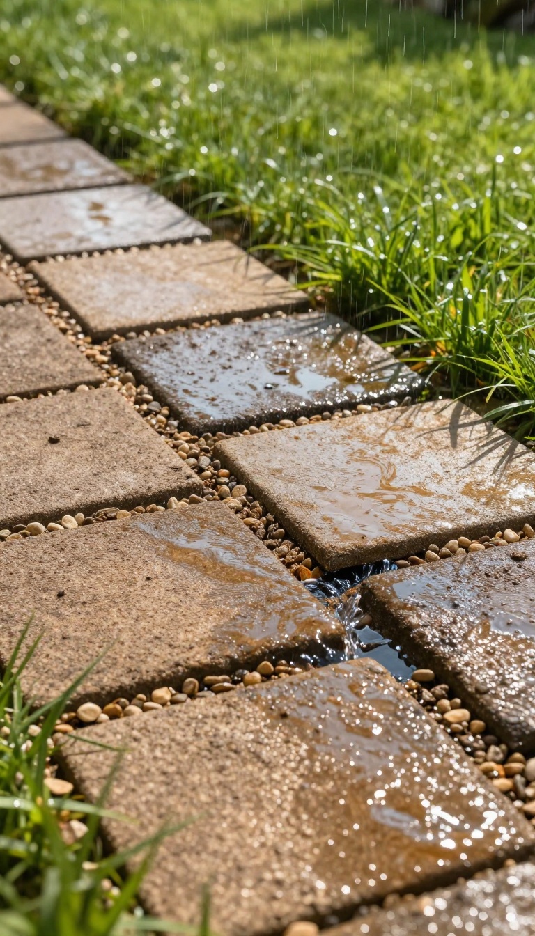 Permeable pavers with gravel-filled gaps draining rainwater into the ground beside a green lawn